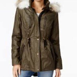 American Rag Women's Olive Green Parka Jacket with Faux Fur Trim Size Juniors XS